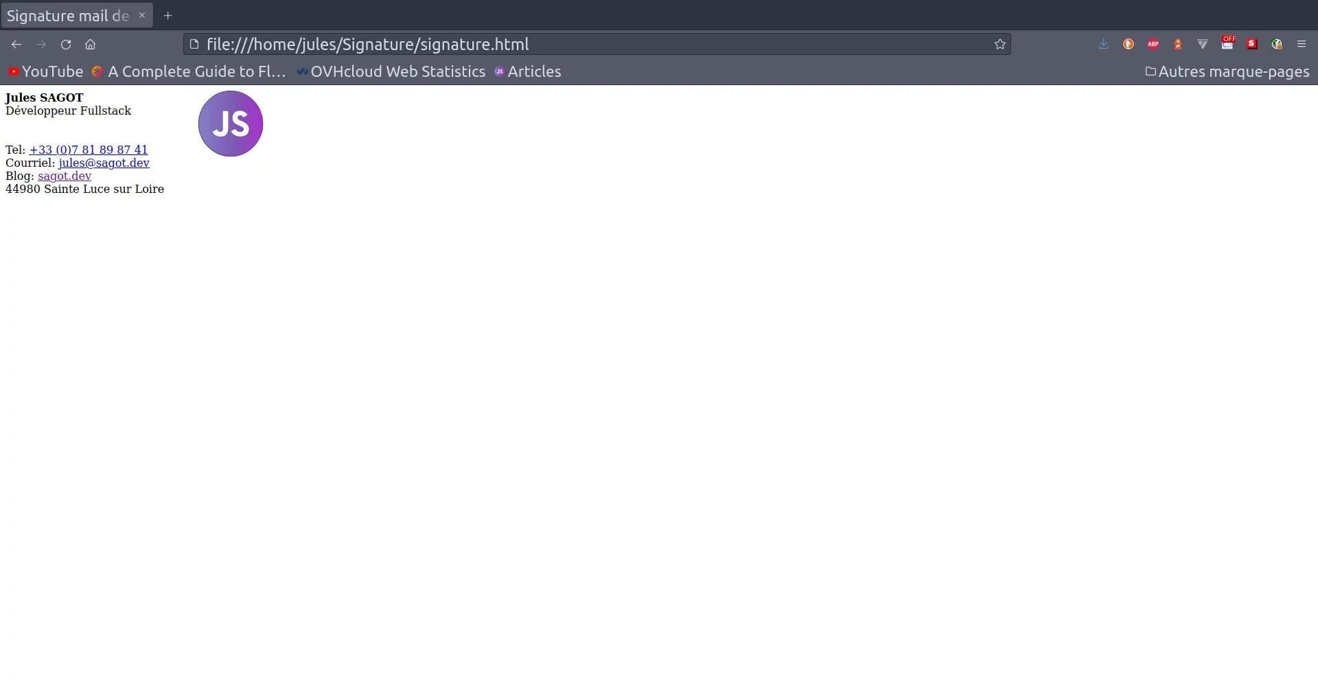 Cinquième étape de la carte de visite en HTML