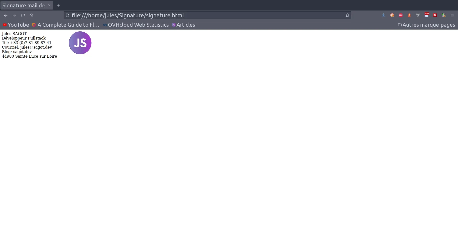 Quatrième résultat de la carte de visite en HTML