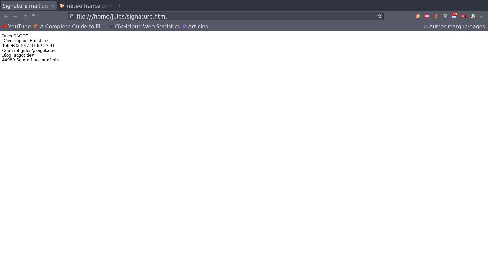 Deuxième résultat de la carte de visite en HTML