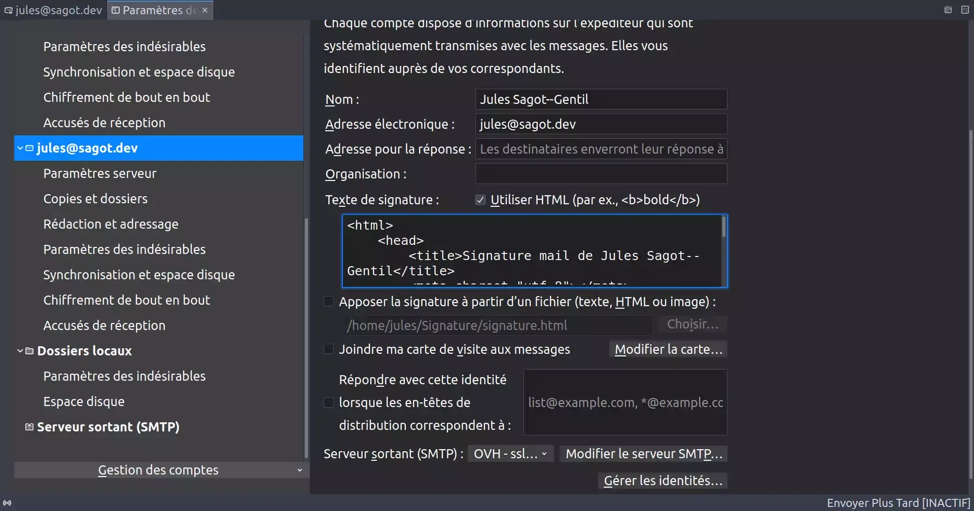 Insertion de la carte de visite HTML dans Thunderbird