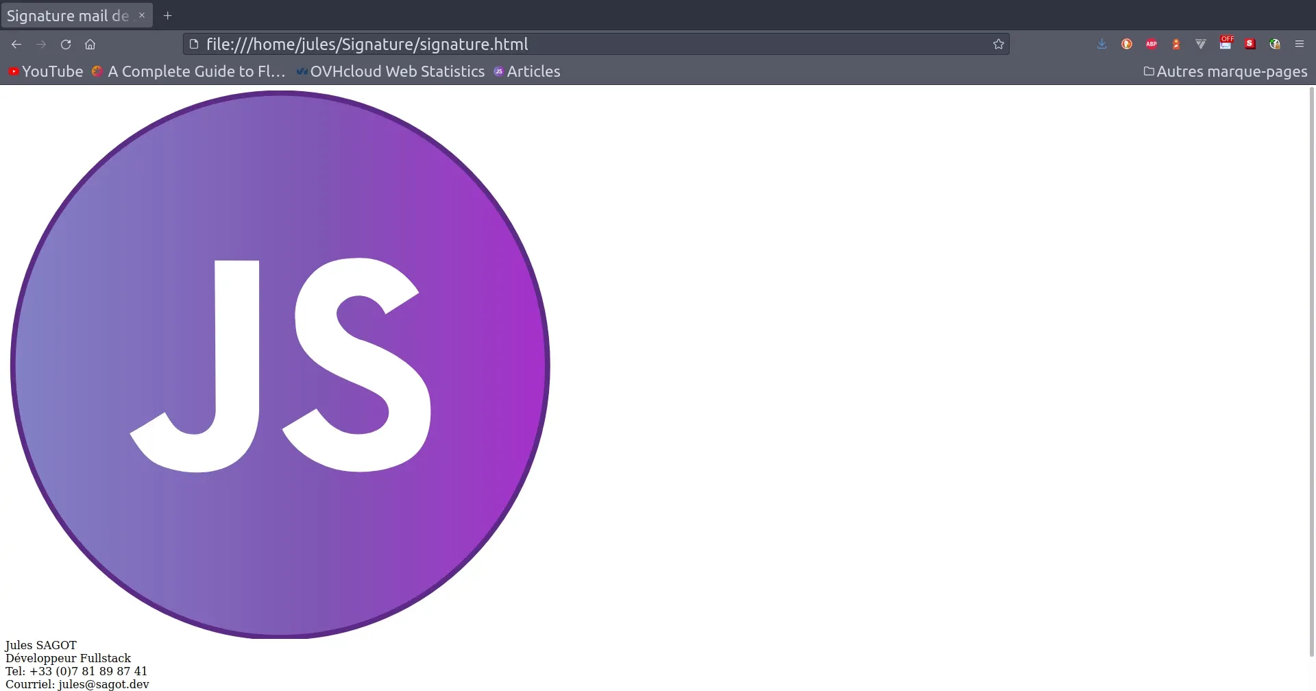 Troisième résultat de la carte de visite en HTML